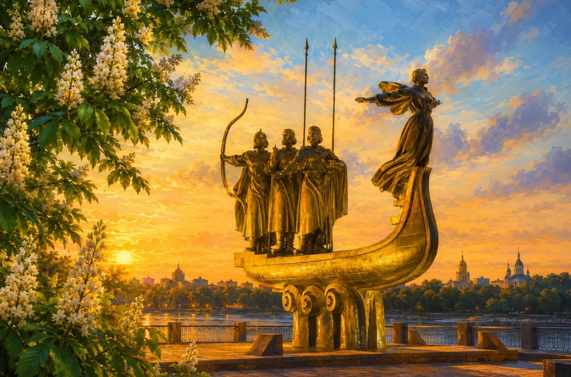 Ілюстрація пам’ятника засновникам Києва на тлі заходу сонця та квітучих каштанів
