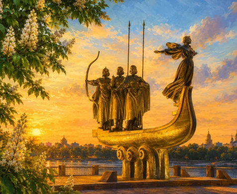 Ілюстрація пам’ятника засновникам Києва на тлі заходу сонця та квітучих каштанів