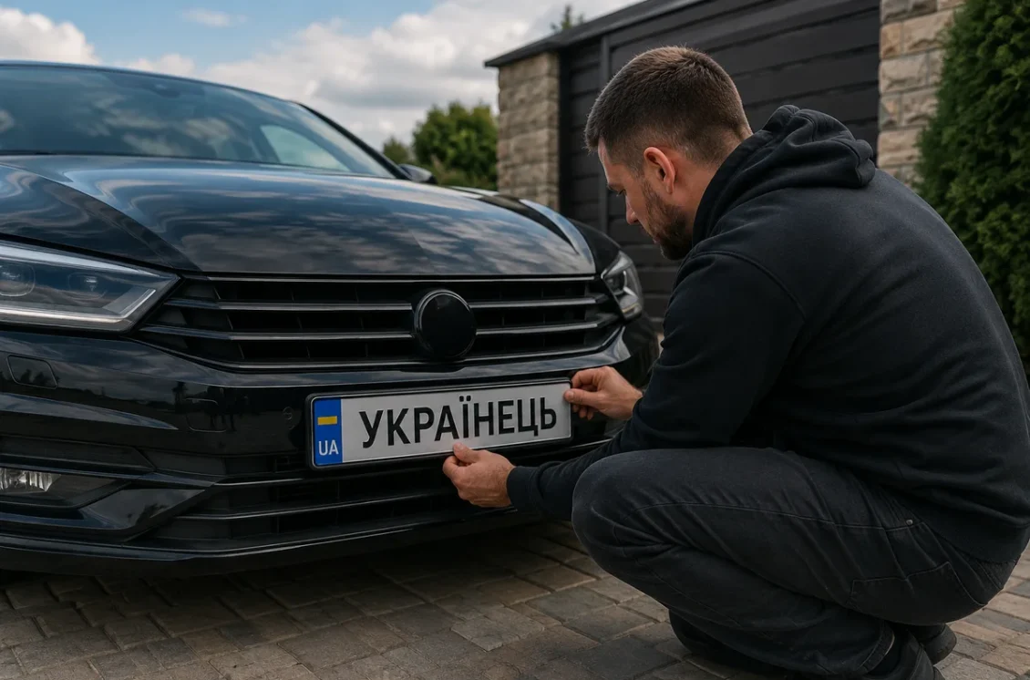 Чоловік кріпить на автомобіль індивідуальні номерні знаки