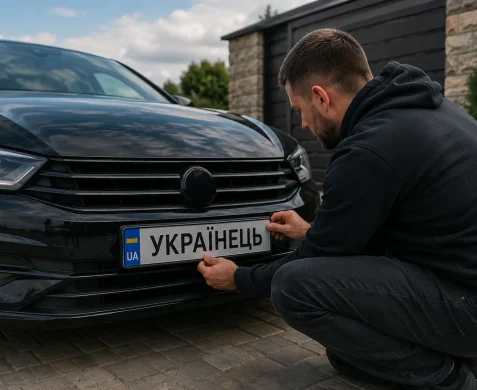 Чоловік кріпить на автомобіль індивідуальні номерні знаки
