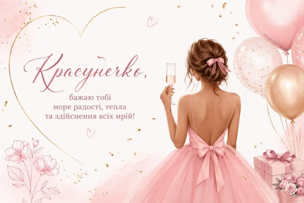 Листівка з привітанням красуні з дівчиною у рожевому платті
