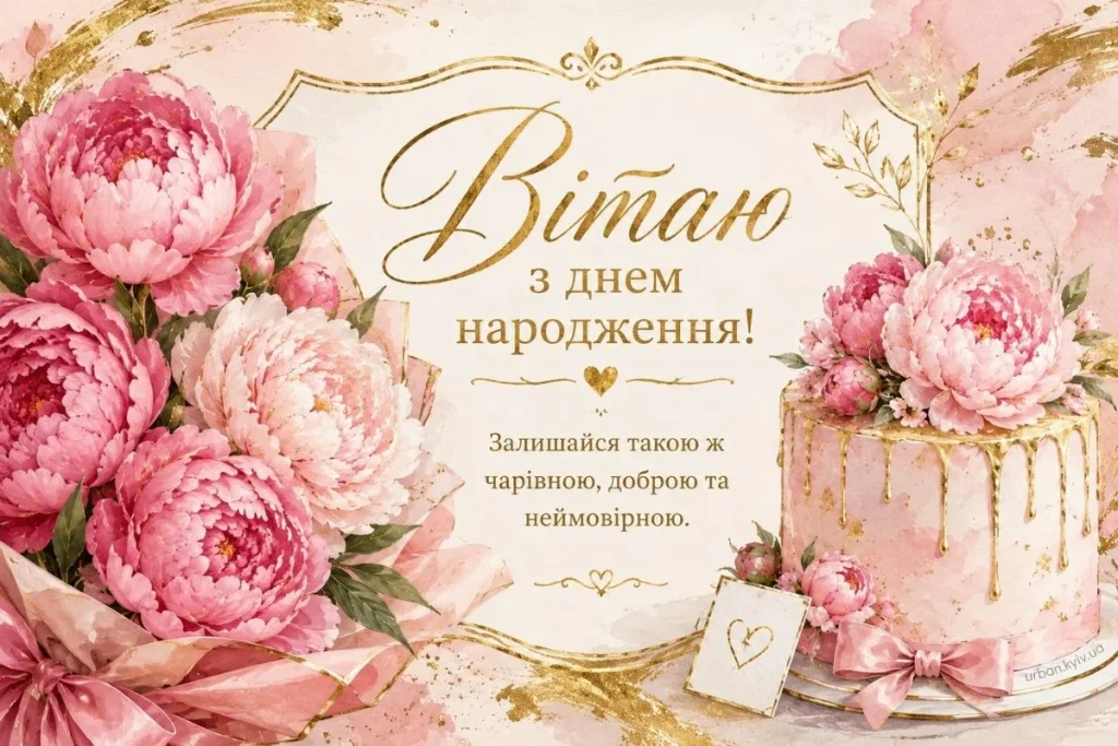 Листівка з тортом і півоніями
