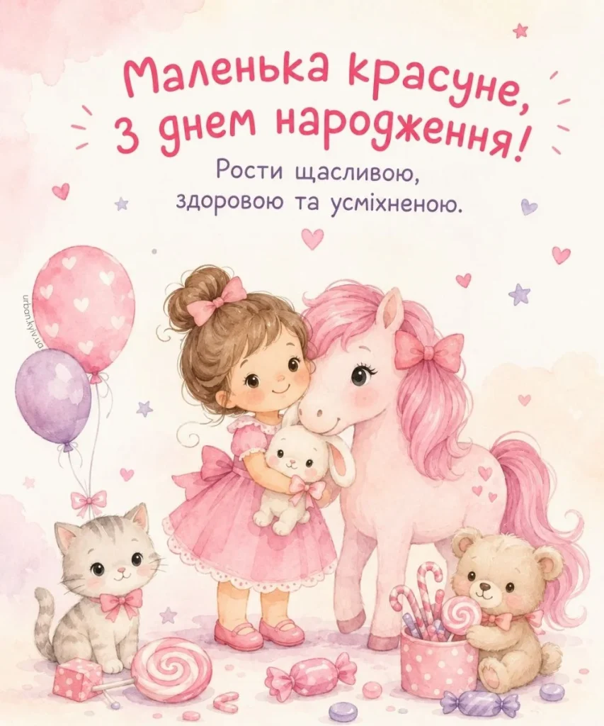 Листівка з дівчинкою та тваринками