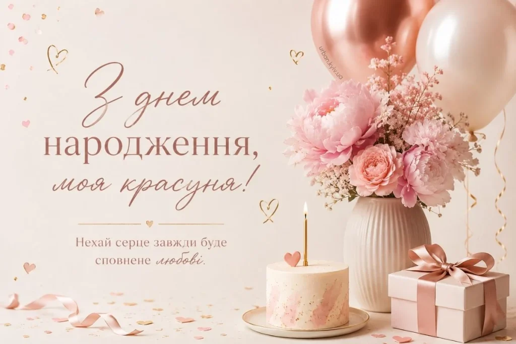 Вітальна листівка з тортом, квітами і подарунком