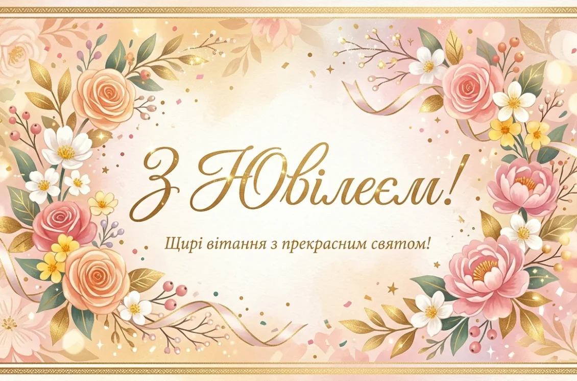 Листівка з трояндами та привітанням з ювілеєм