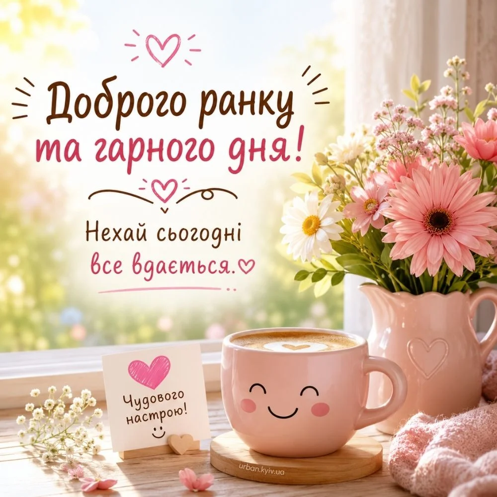 Листівка доброго ранку з квітами та кавою