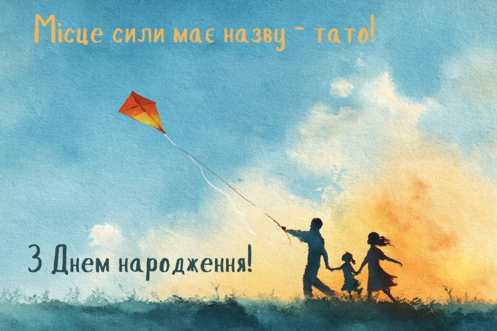 Акварельний пейзаж із татом і дітьми, що запускають повітряного змія
