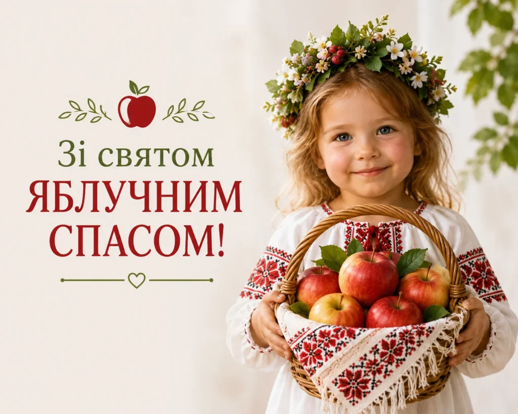 Дівчинка у вишиванці тримає кошик із яблуками на свято Яблучного Спаса 