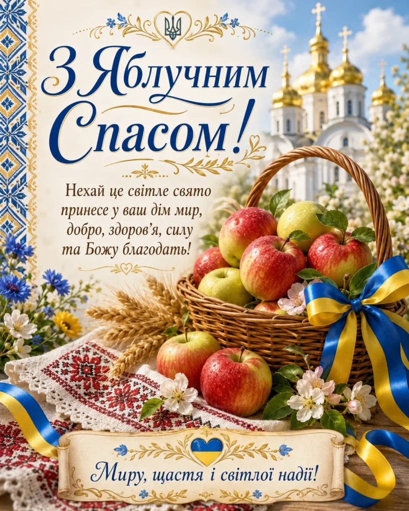 Патріотична листівка з Яблучним Спасом у синьо-жовтих кольорах з яблуками та українською символікою 