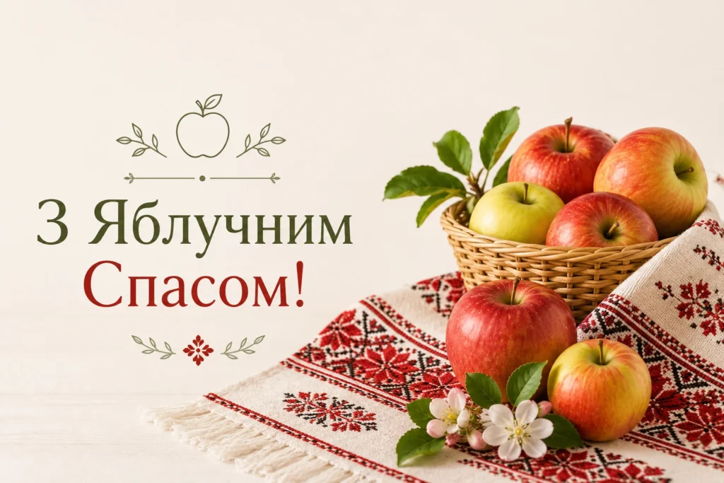 Святкова листівка до Яблучного Спаса з яблуками, вишитим рушником 