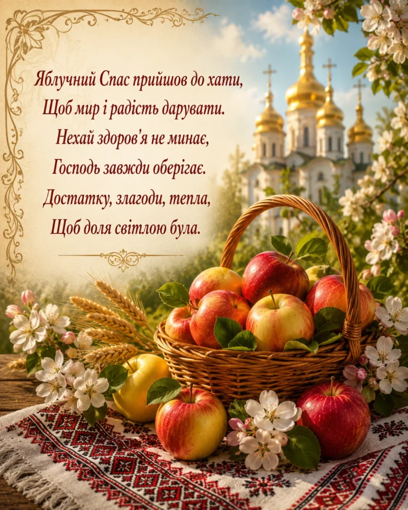 Привітання з Яблучним Спасом у віршах з кошиком яблук, вишитим рушником, квітами, церквою
