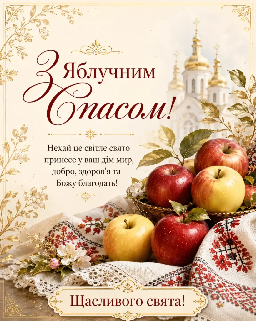 Привітальна листівка з Яблучним Спасом, з яблуками, храмом і теплими побажаннями 