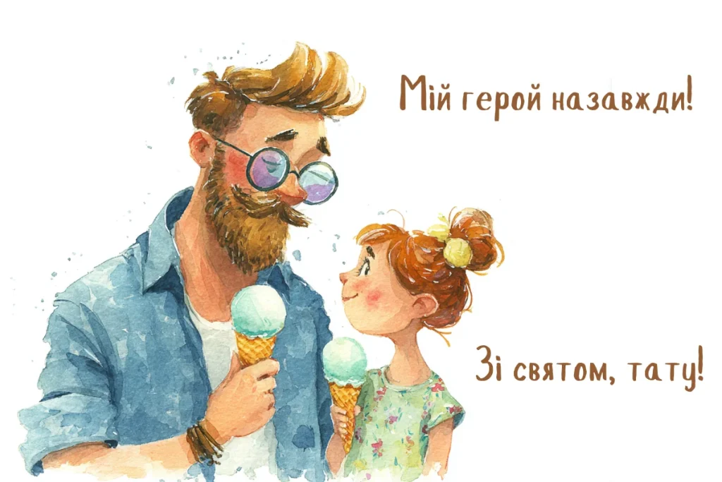 Акварельна ілюстрація тата з донькою, які разом ласують морозивом