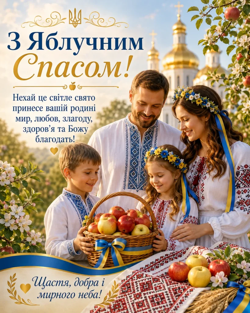 Щаслива українська сім’я у вишиванках святкує Яблучний Спас із кошиком яблук 