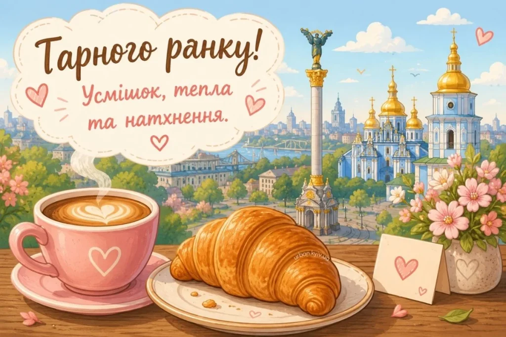 Листівка гарного ранку з кавою, круасаном і краєвидом Києва
