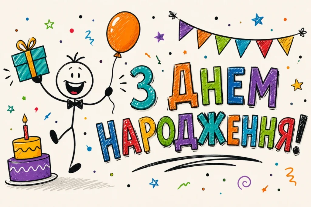 Весела листівка з намальованими кульками, тортом і святковими прапорцями