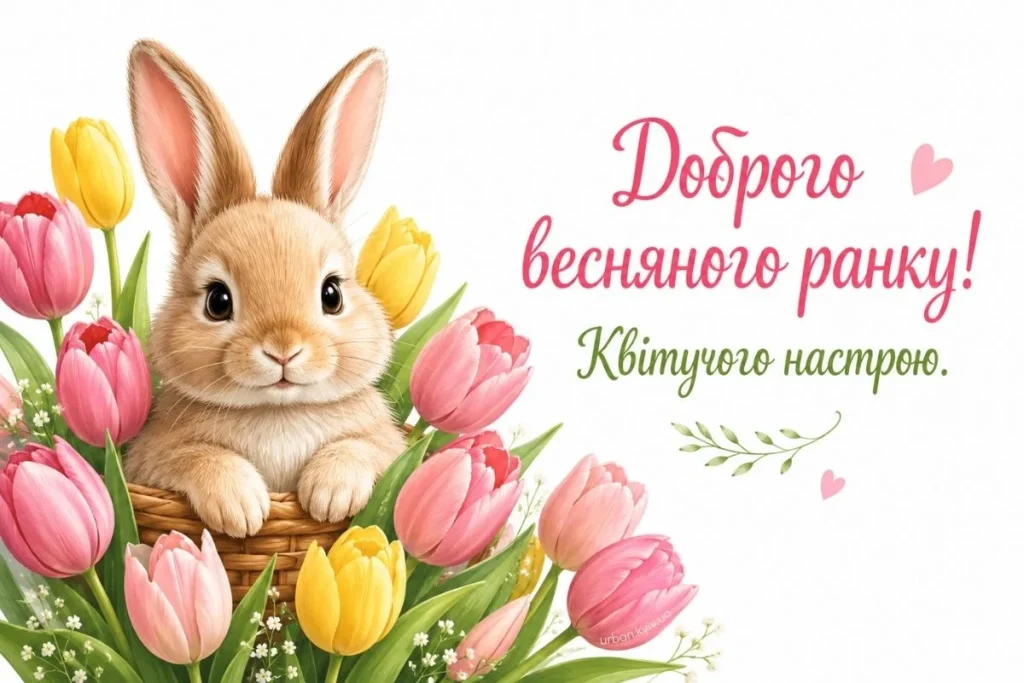 Весняна листівка із зайчиком та тюльпанами