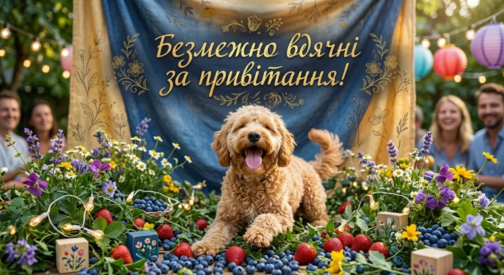Собака на столі з квітами і подяка за привітання