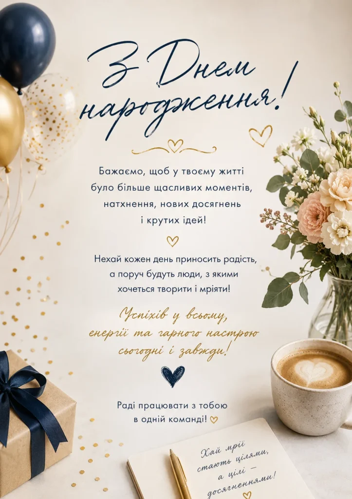 Вертикальна листівка з побажаннями для колеги