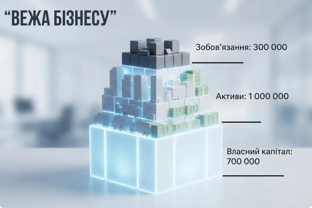 Баланс підприємства у вигляді 3D-моделі з активами та власним капіталом