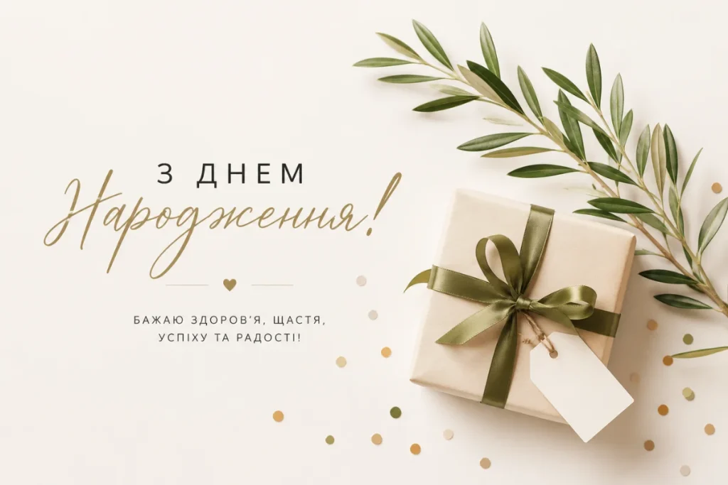 Світла листівка з подарунком у крафтовому папері та гілочкою оливи