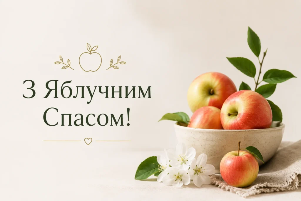 Мінімалістична листівка до Яблучного Спаса з  яблуками на світлому фоні 