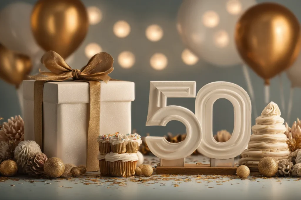 Святкова композиція з подарунками та об'ємною цифрою 50