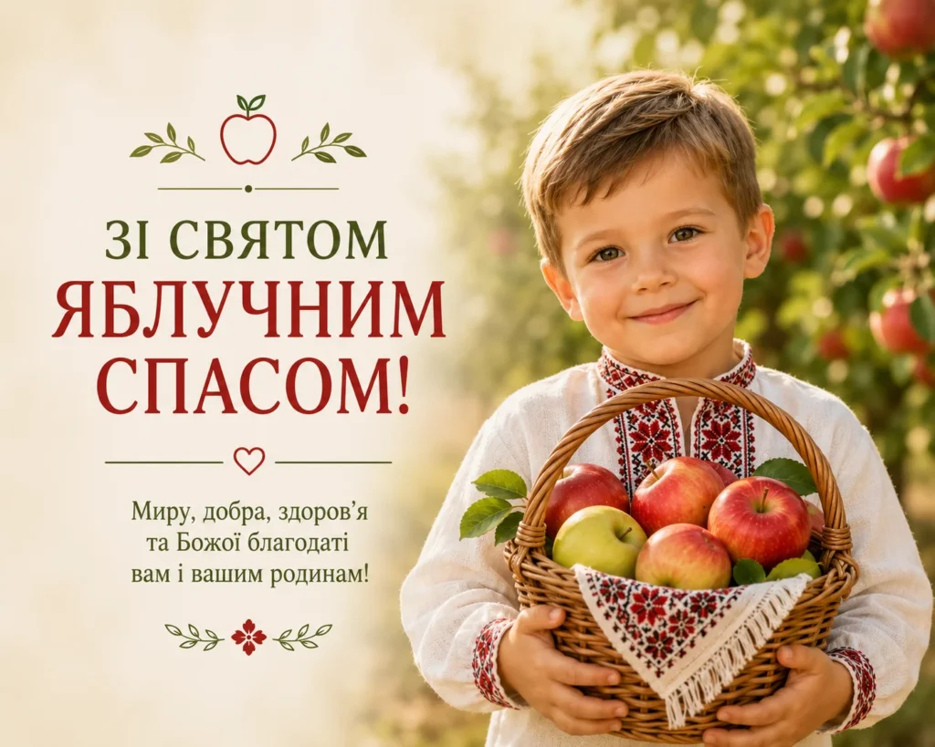 Картинка привітання зі Спасом з усміхненим хлопчиком у вишиванці з кошиком яблук