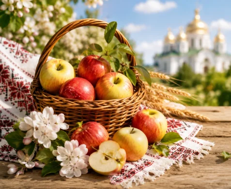 Кошик із яблуками на фоні церкви