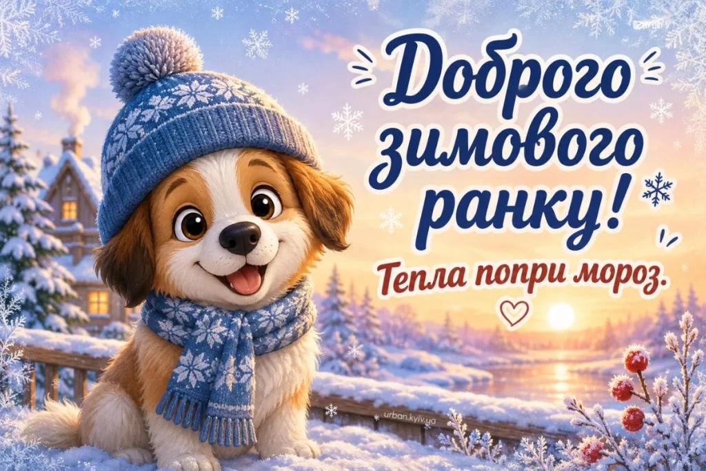 Зимова листівка доброго ранку з песиком