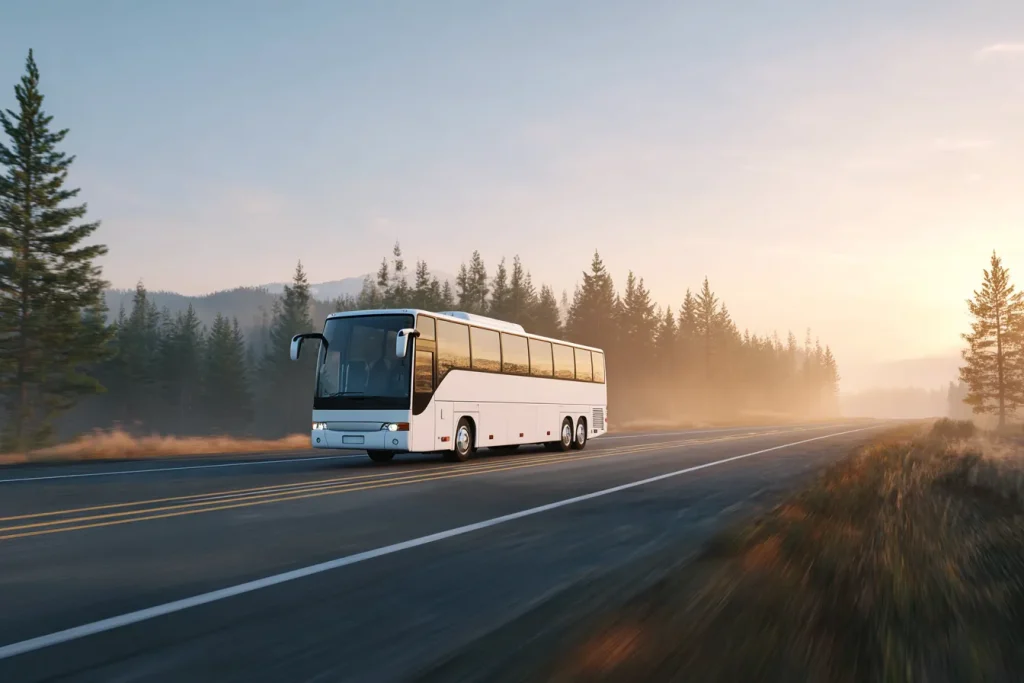 Білий туристичний автобус їде трасою серед лісу на світанку