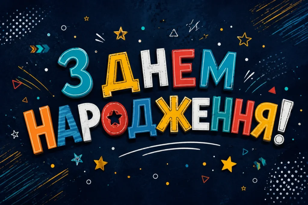 Яскрава святкова листівка з різнокольоровими літерами