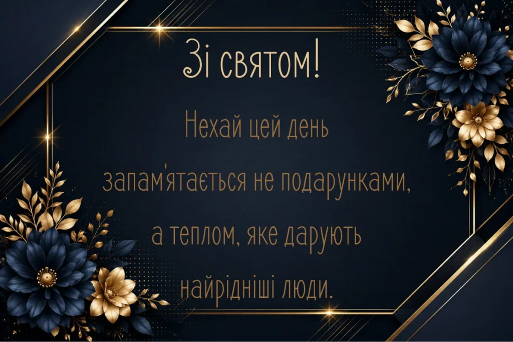 Темно-синя листівка із золотими квітами та елегантним оформленням