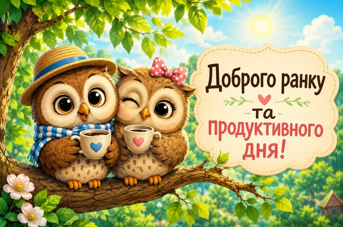 Дві милі сови п’ють каву на гілці дерева літнього ранку