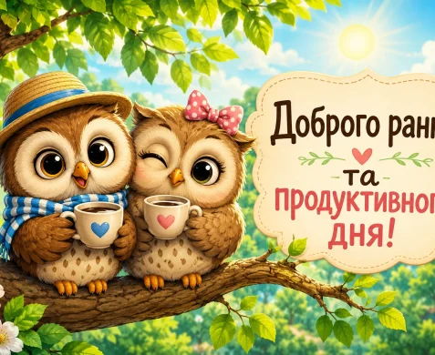 Дві милі сови п’ють каву на гілці дерева літнього ранку