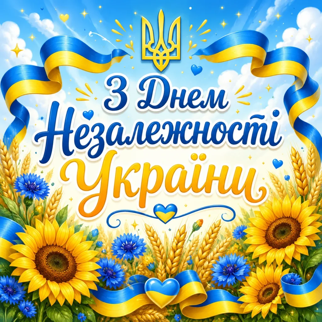 яскрава картинка з українською символікою та написом “з Днем Незалежності”