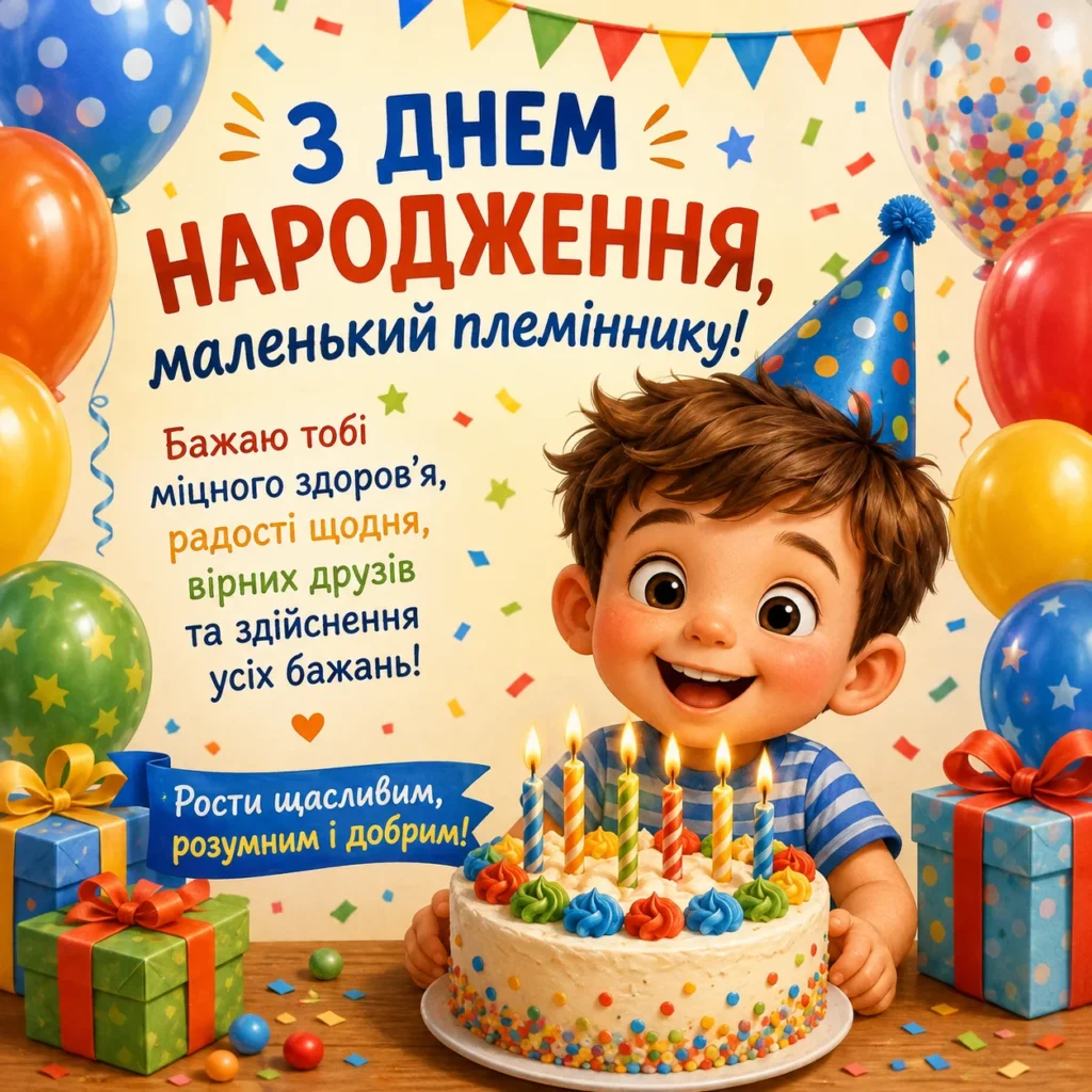 Картинка з днем народження маленькому племіннику з повітряними кульками і тортиком