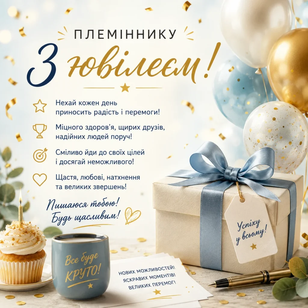 Святкова листівка племіннику з ювілеєм в світлих тонах 