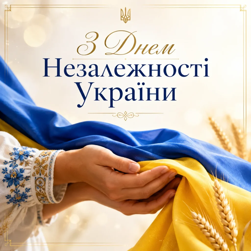 прапор України в руках та привітання з Днем Незалежності