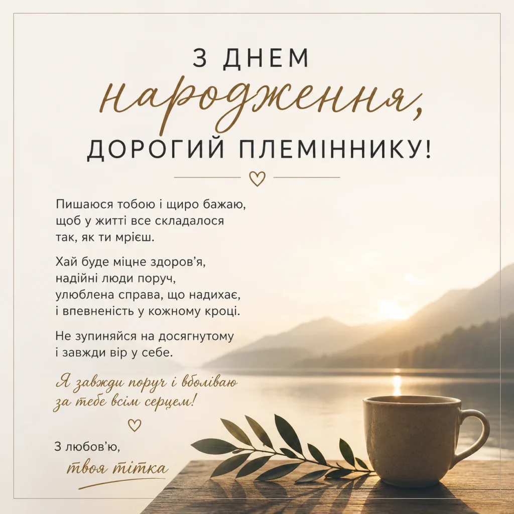 Зворушлива мінімалістична листівка дорослому племіннику від тітки 