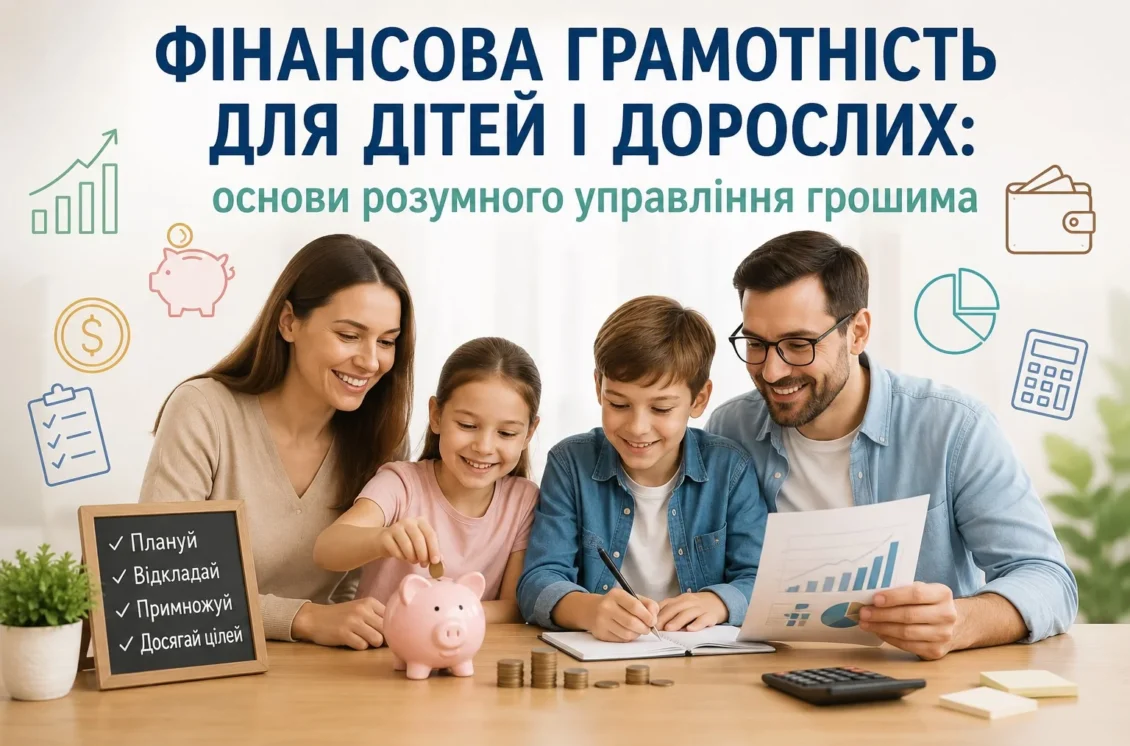 Родина з двома дітьми вивчає фінансову грамотність: планує бюджет, відкладає монети в скарбничку та аналізує графіки