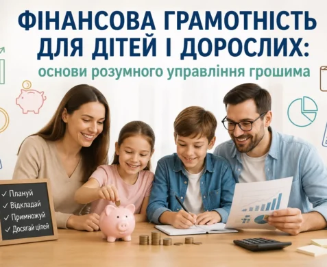 Родина з двома дітьми вивчає фінансову грамотність: планує бюджет, відкладає монети в скарбничку та аналізує графіки