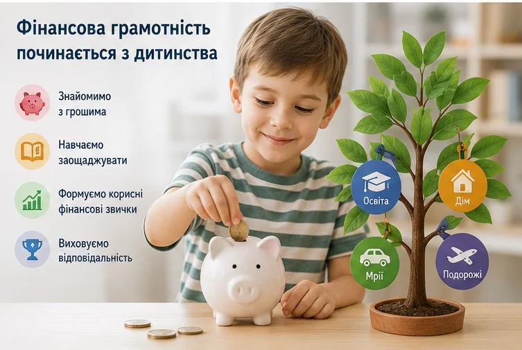 Хлопчик кладе монету в скарбничку біля дерева фінансових цілей, що символізує освіту, дім, мрії та подорожі
