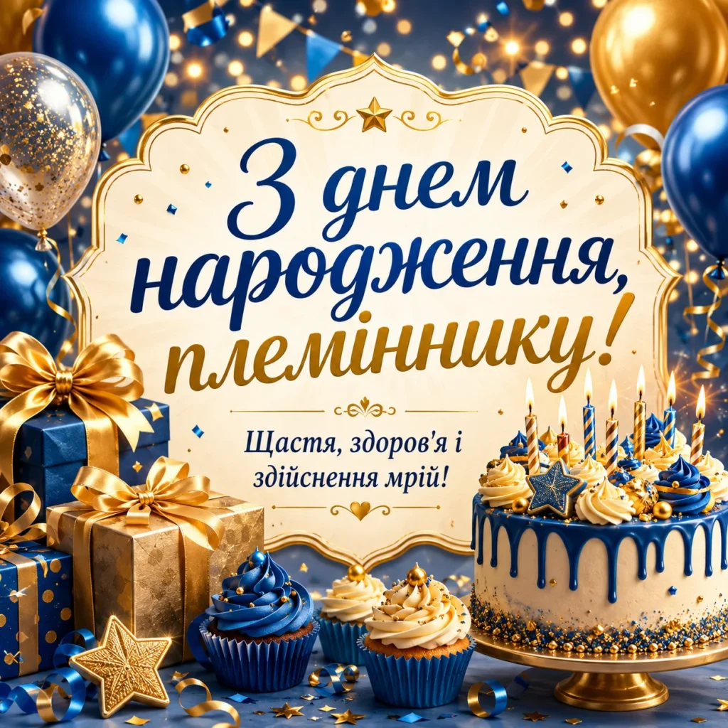 Яскрава листівка з тортом, свічками та подарунками «З днем народження, племіннику!» 