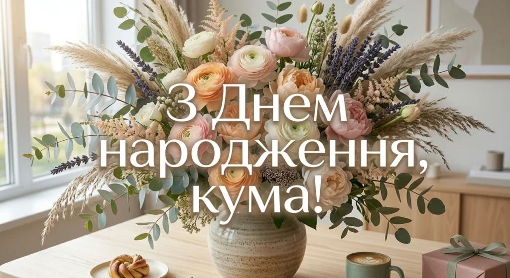 Привітання на фоні букета