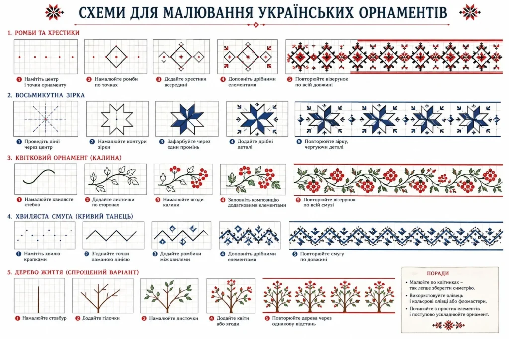Покрокові схеми та інструкція для малювання орнаментів по клітинках