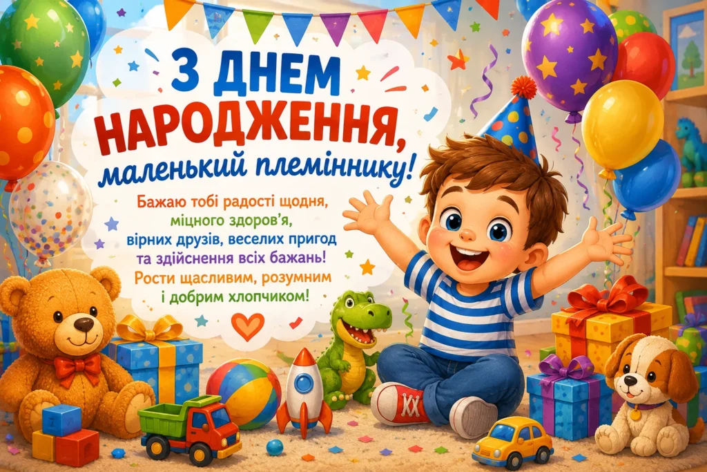 Дитяча картинка з днем народження маленькому племіннику з повітряними кульками та іграшками 