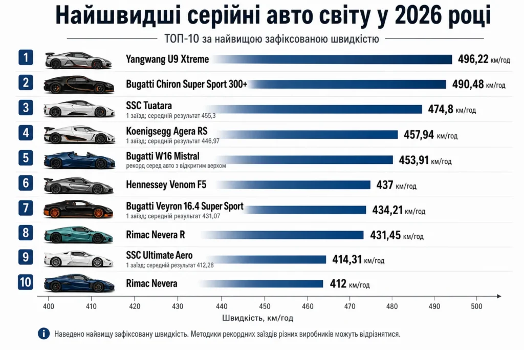 ТОП-10 найшвидших серійних авто світу у 2026 році за максимальною швидкістю 