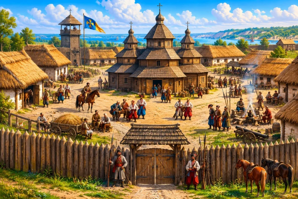 Ілюстрація, як могла виглядати перша Запорізька Січ на думку істориків 