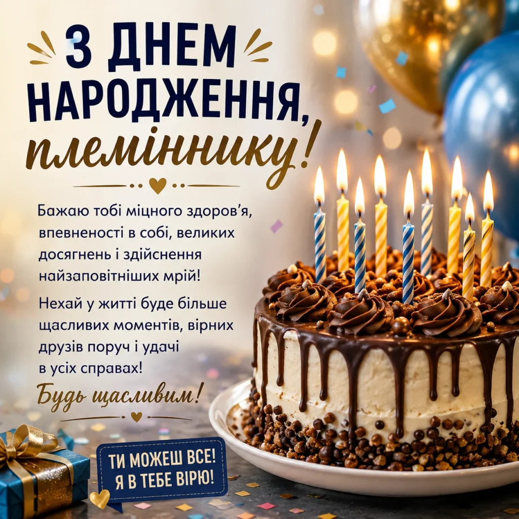 Листівка з днем народження племінника українською з тортом і свічками